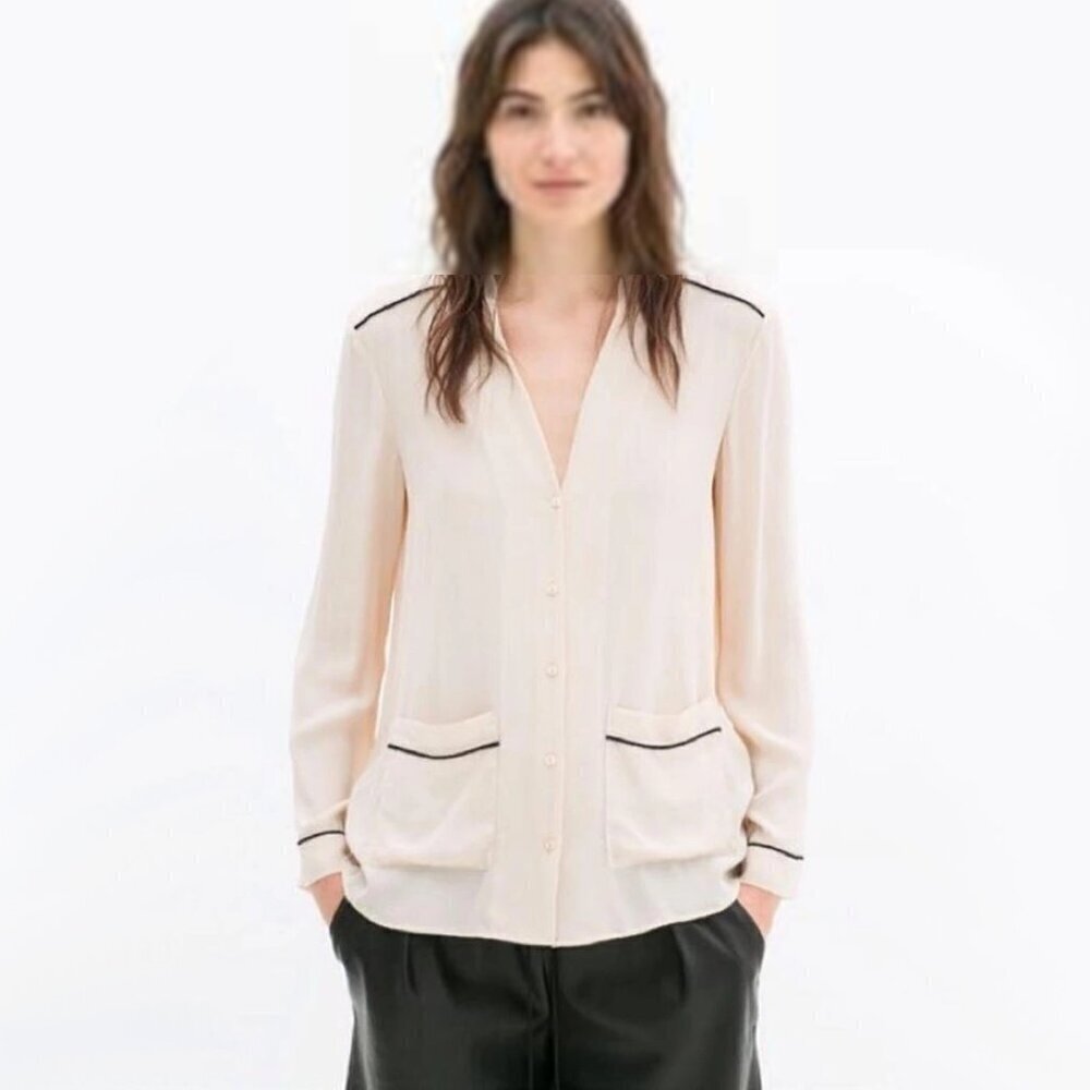 EUC Zara nude pink & black piped trim collarless pajama look blouse, XS